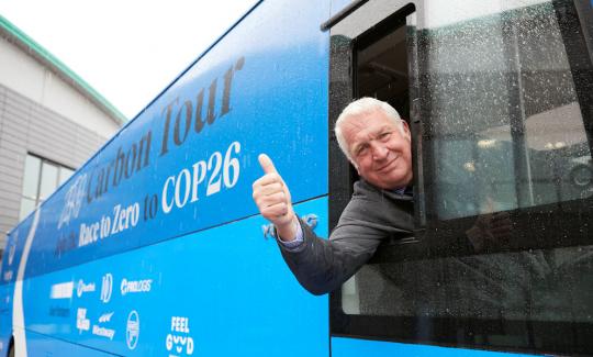Sir Mike Penning MP on the 'Carbon Battle Bus'. Photo Credit Theo Cohen Photography
