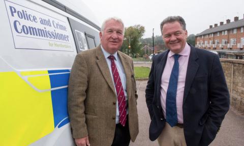 Sir Mike Penning MP and PCC David Lloyd with a road safety camera van in Barnacres Road